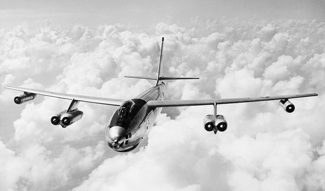 An RB-47 reconnaissance variant takes part in Operation Teapot, a series of nuclear weapons tests in Nevada in 1955. (US Air Force)